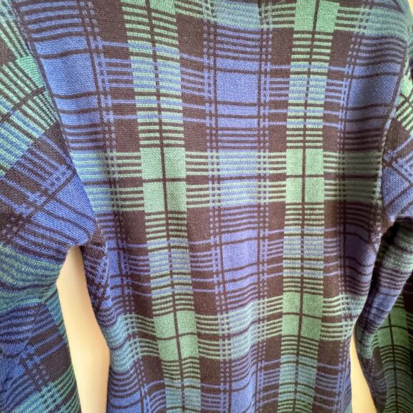 VTG Express Tricot Plaid Tartan Wool Blend Sweater Black Blue Green Sz L 90s - Picture 5 of 5
